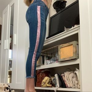 Cropped glitter stripe skinny jean